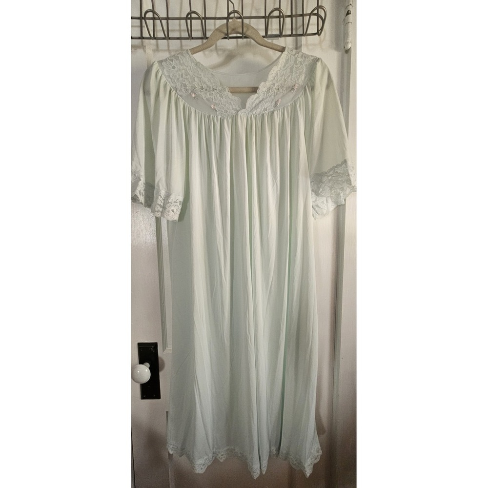 Vintage‎ Shadowline nightgown elbow sleeves laced Nylon Sz M teal